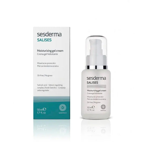 Sesderma Salises moisturizing gel cream in a 50ml jar, featuring clear gel texture and brand labeling, suitable for skincare.