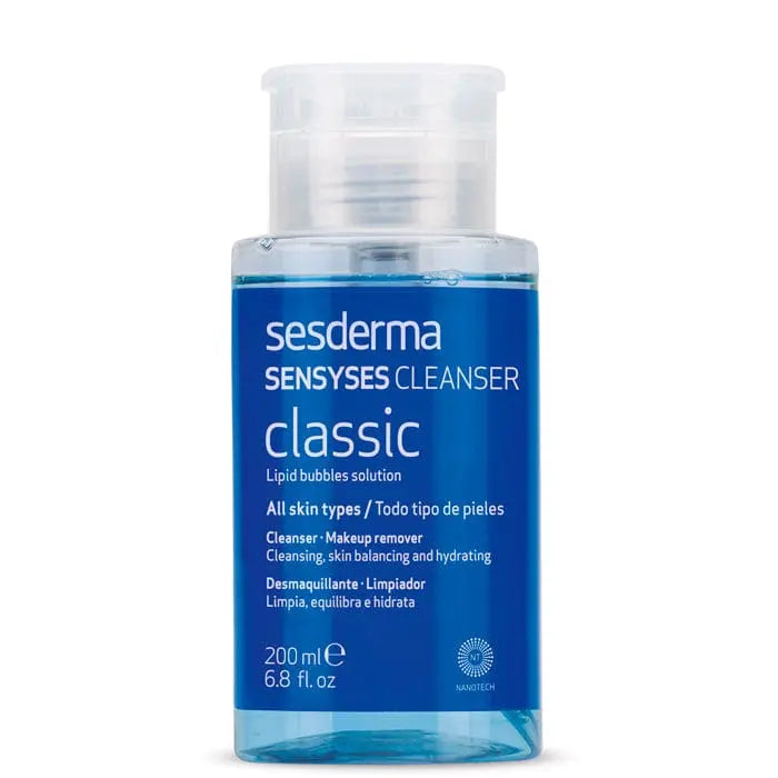 Sesderma Sensyses Cleanser Atopic, gentle skincare product for sensitive skin, shown in a clear bottle with a pump dispenser.