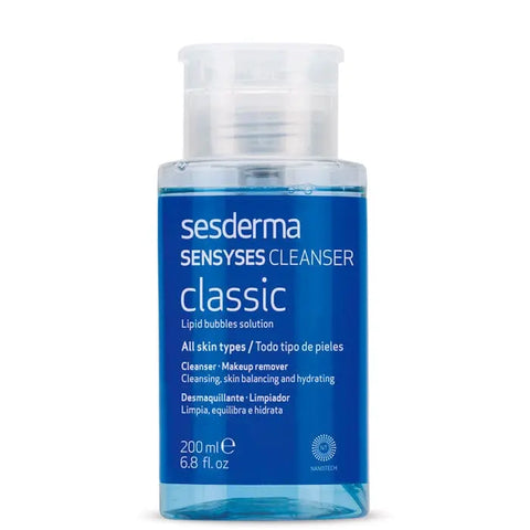 Sesderma Sensyses Cleanser Atopic, gentle skincare product for sensitive skin, shown in a clear bottle with a pump dispenser.