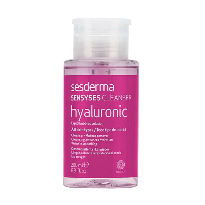 Sesderma Sensyses Cleanser with Hyaluronic acid, a 200ml makeup remover and facial cleanser, shown in a sleek bottle.