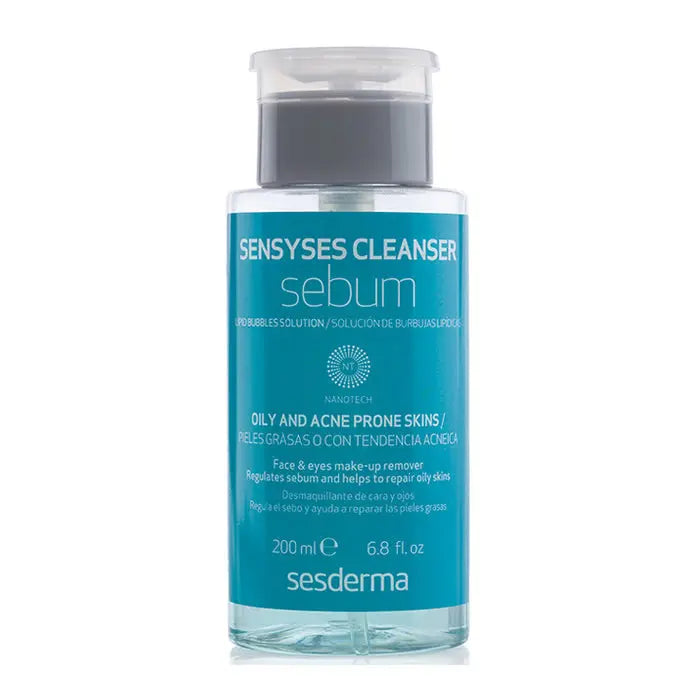 Sesderma Sensyses cleanser and sebum make-up remover in a 200ml bottle, displayed on a neutral background.