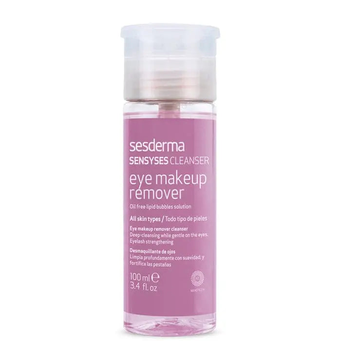Sesderma Sensyses Eye Makeup Remover 100ml bottle with clear label, displayed on a neutral background.