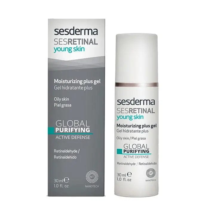 Sesderma Sesretinal Young Skin Moisturizing Plus Gel for oily skin, 30ml, with clear gel texture and lightweight formula.