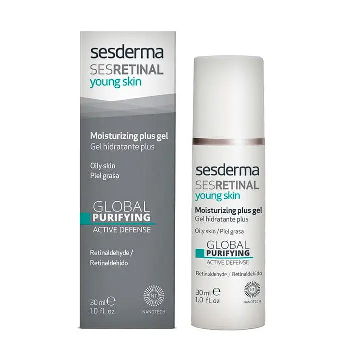 Sesderma Sesretinal Young Skin Moisturizing Plus Gel for oily skin, 30ml, with a clear jar showing the lightweight gel texture.