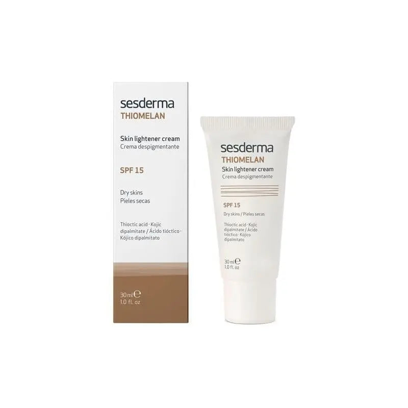 Sesderma Thiomelan depigmenting cream with SPF15 in 30ml jar, shown with the product label and packaging details.