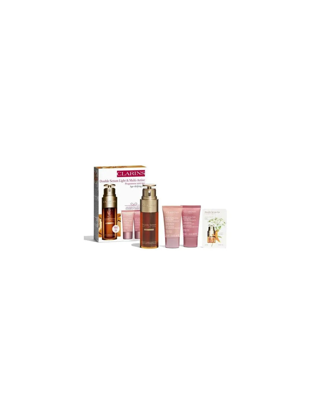 Set of Clarins Double Serum Light 50ml, Night, and Multi-Intensive 15ml samples by Jag Couture London New York.