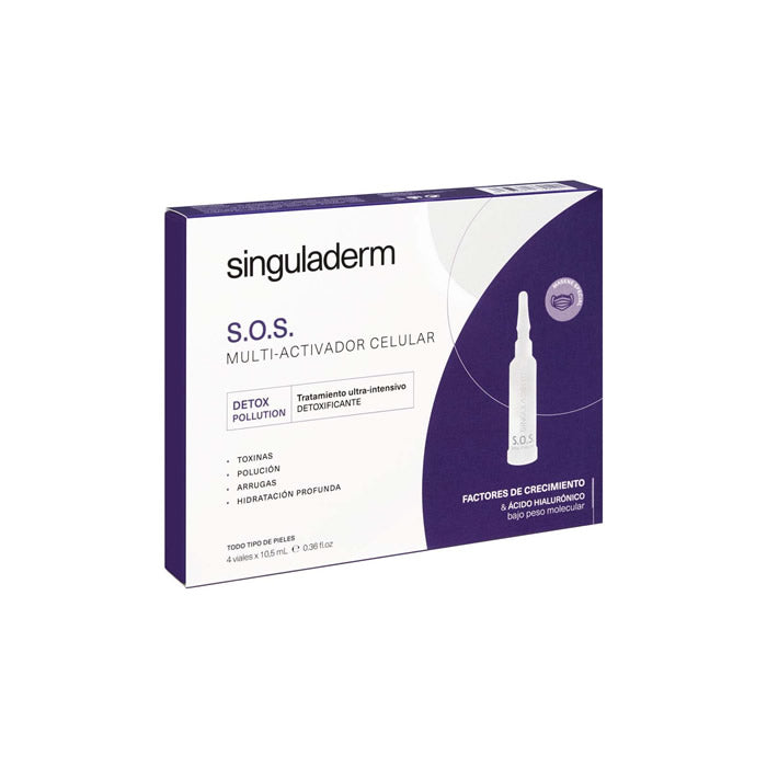 Singuladerm S.O.S. Multi-Cellular Activator Detoxifying Treatment bottles by Jag Couture London, New York, with 4 vials of skincare serum.