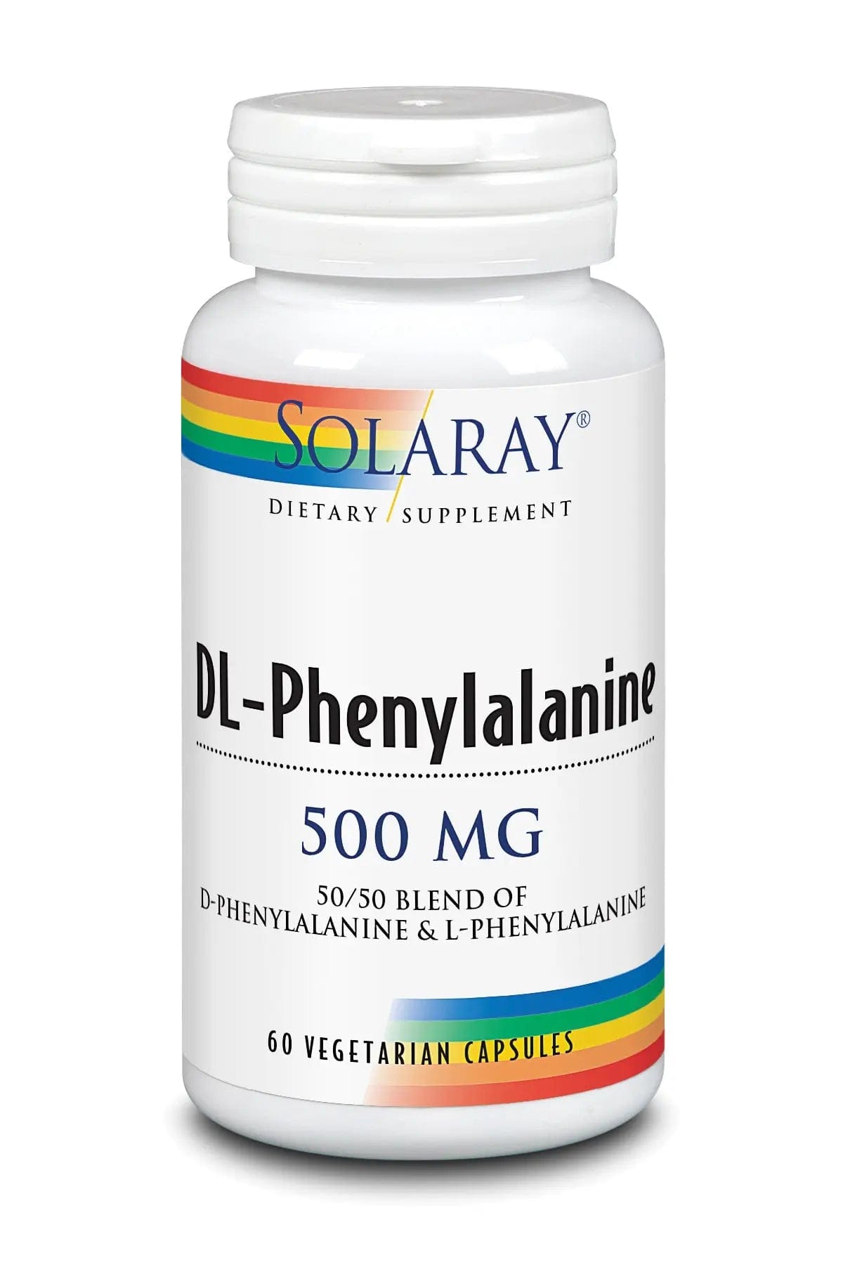 Solaray DL-Phenylalanine 500 mg supplement in 60 vegetarian capsules, shown in a clear bottle with label.