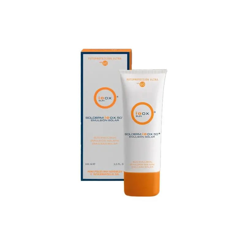 Solderm Ioox Emulsion 50+ by Jag Couture London & New York, 100ml bottle, close-up of the product label and packaging.