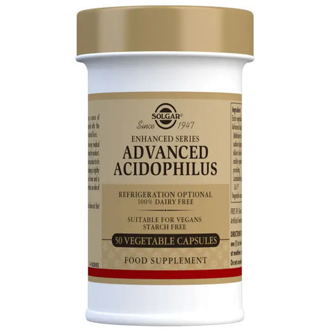 Solgar AcidoPhilus Advanced probiotic capsules, 50-count, showing the supplement bottle with label details.