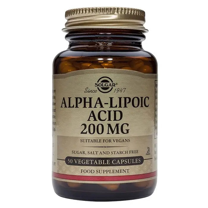 Solgar Alpha-Lipoic Acid 200mg capsules from Jag Couture London - New York, showing 50 capsules in a bottle.