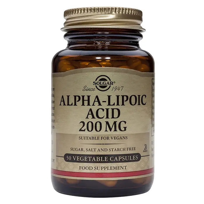 Solgar Alpha-Lipoic Acid 200mg capsules in a bottle, supplement for antioxidant support, by Jag Couture London - New York.