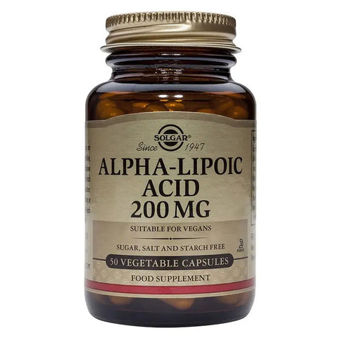 Solgar Alpha-Lipoic Acid 200mg capsules in a bottle, supplement for antioxidant support, by Jag Couture London - New York.
