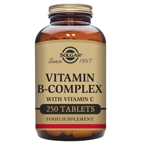 Solgar B-Complex Vitamin C 250 tablets in a bottle, dietary supplement by Jag Couture London - New York.