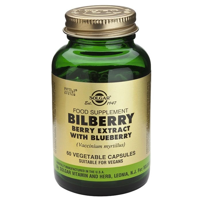 Solgar Bilberry Berry Extract with Blueberry capsules in a bottle, natural supplement for eye and antioxidant support.