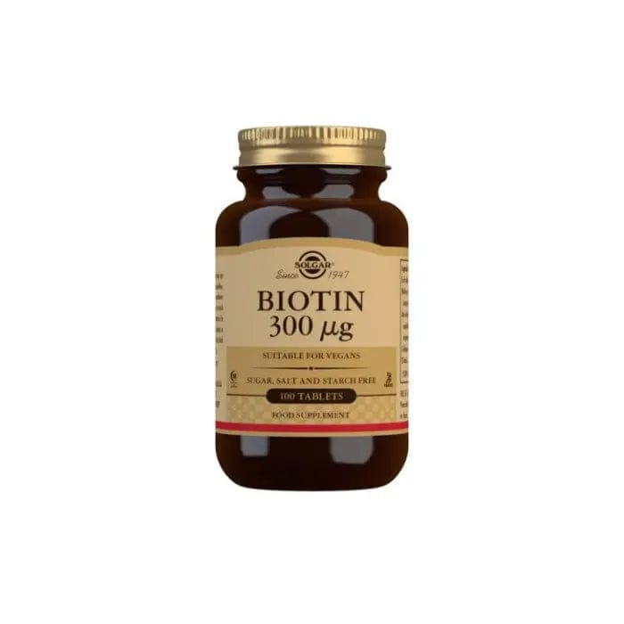 Solgar Biotin 300 µg tablets in a pack of 100, dietary supplement for healthy hair and skin, by Jag Couture London New York
