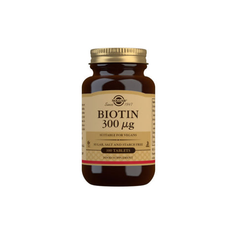Solgar Biotin 300 µg tablets in a pack of 100, dietary supplement for healthy hair, skin, and nails, branded by Jag Couture London New York
