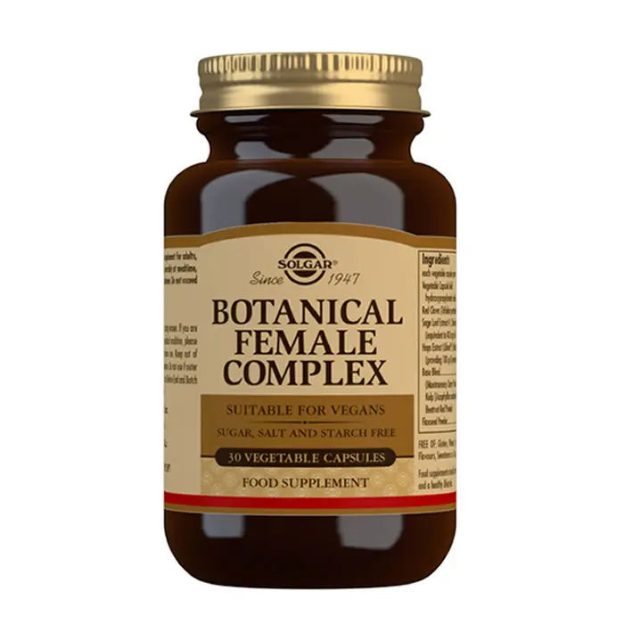 Solgar Botanical Female Complex 30 capsules, dietary supplement for women's health, with natural herbal ingredients.