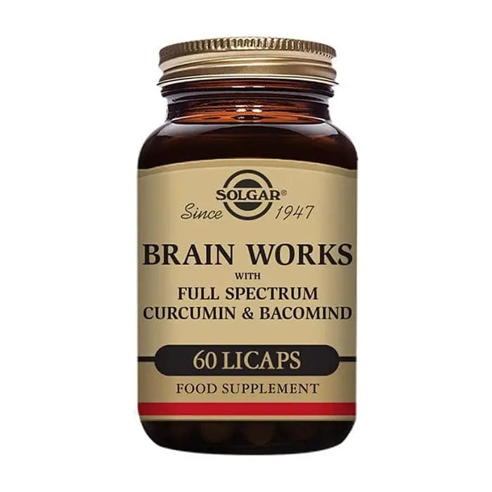 Jag Couture London New York Solgar Brain Works 60 capsules supplement bottle with label and capsules visible.