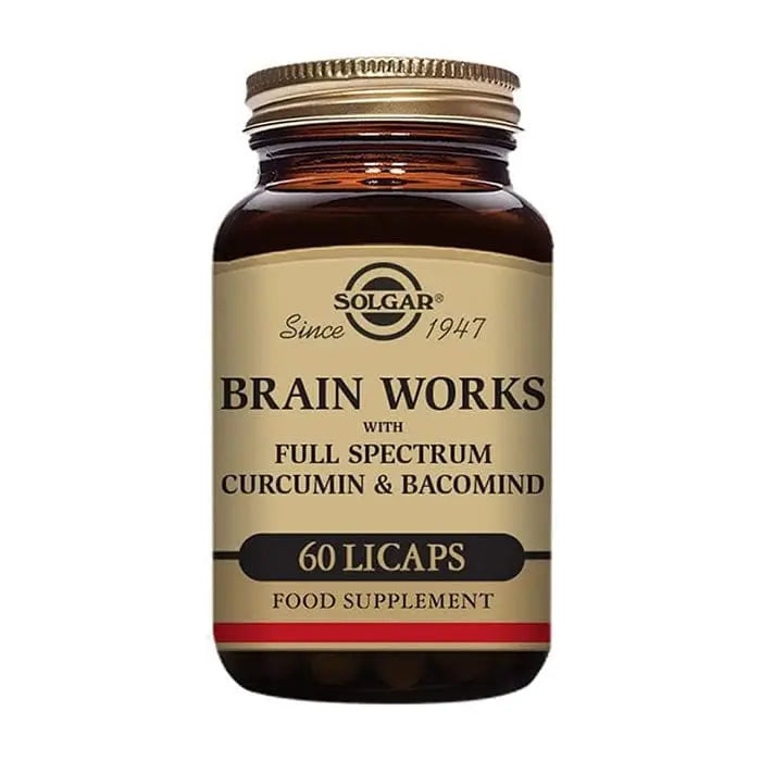 Solgar Brain Works 60 capsules supplement in a clear bottle, designed to support cognitive health and mental clarity.