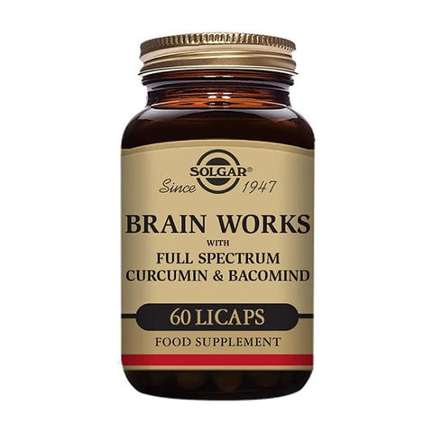 Solgar Brain Works supplement capsules, 60-count, designed to support cognitive health and mental clarity.