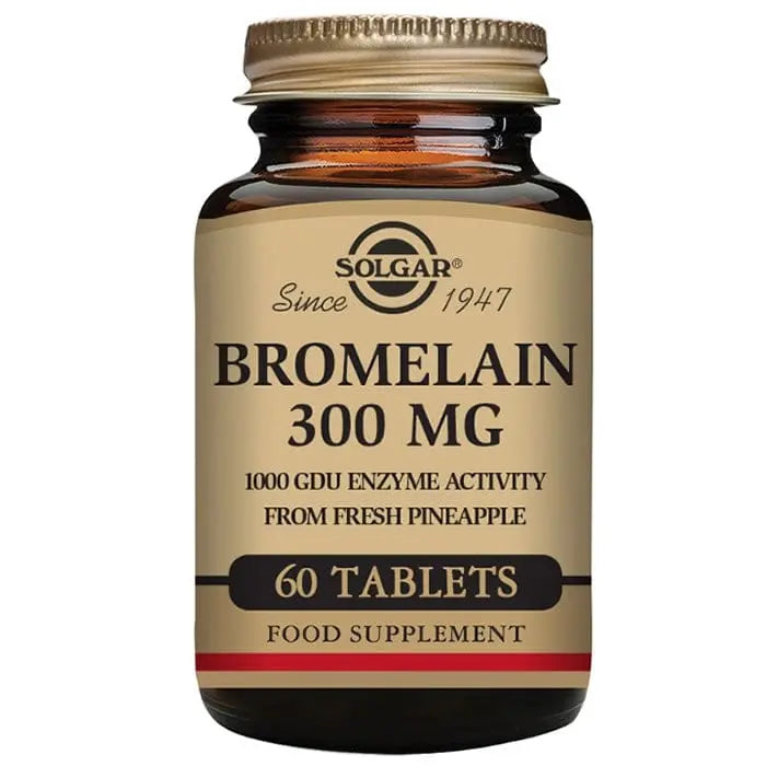 Solgar Bromelain 300mg capsules in a bottle, natural enzyme supplement for digestion, branded by Jag Couture London - New York
