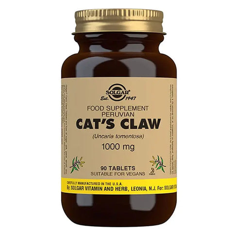 Solgar Cat's Claw 90 tablets supplement bottle with label, showcasing natural herbal health product from Jag Couture London New York.