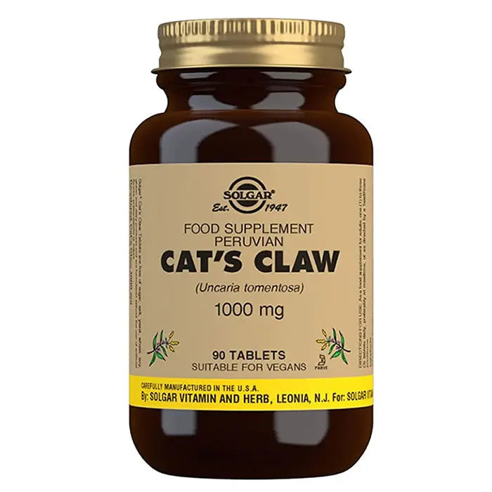 Solgar Cat's Claw supplement in a bottle of 90 tablets, displayed with a focus on the product label and packaging.