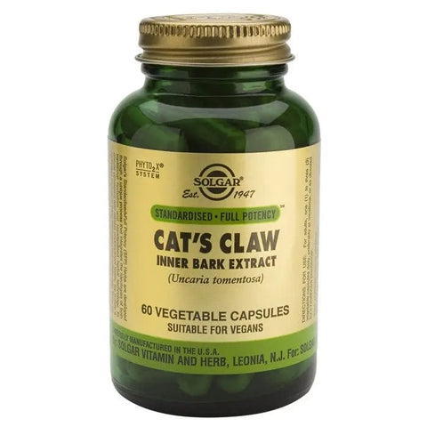 Solgar Cat's Claw Bark SPF 60 capsules bottle with label, dietary supplement by Jag Couture London New York