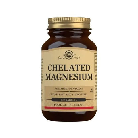 Solgar Chelated Magnesium supplement bottles with 100 tablets, displayed on a neutral background.