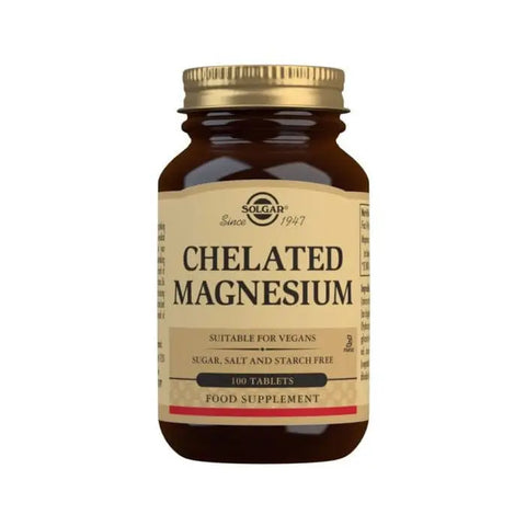 Solgar Chelated Magnesium supplement bottles, featuring 100 tablets, displayed on a plain background.