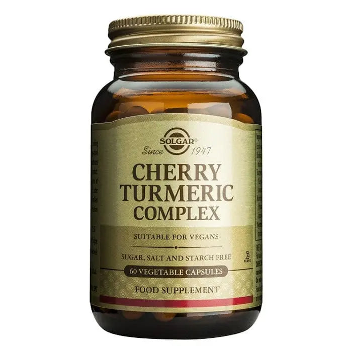 Solgar Cherry & Turmeric Complex capsules in a bottle, featuring red cherry and yellow turmeric ingredients for health support.