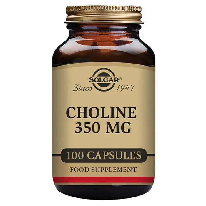 Solgar Choline 350mg supplement in a bottle of 100 capsules, designed for supporting brain and liver health.