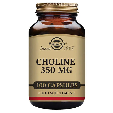Solgar Choline 350mg supplement in 100 capsules, featuring the Jag Couture London - New York branding, with clear product packaging.