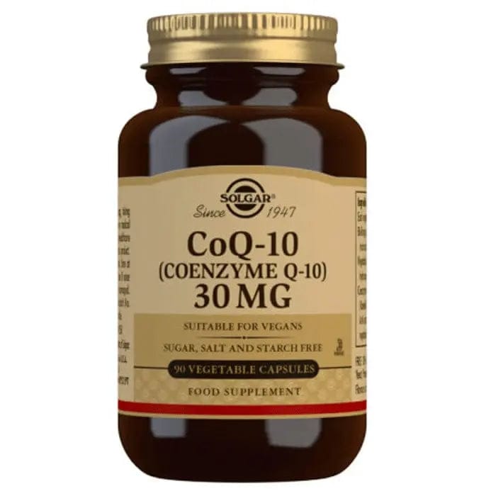 Solgar Coenzyme Q-10 30mg supplement in 90 capsules, displayed in a clear bottle with a white label and blue cap.