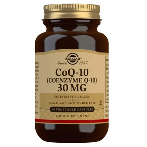 Solgar Coenzyme Q-10 30mg capsules in a bottle, dietary supplement for energy support, branded by Jag Couture London New York