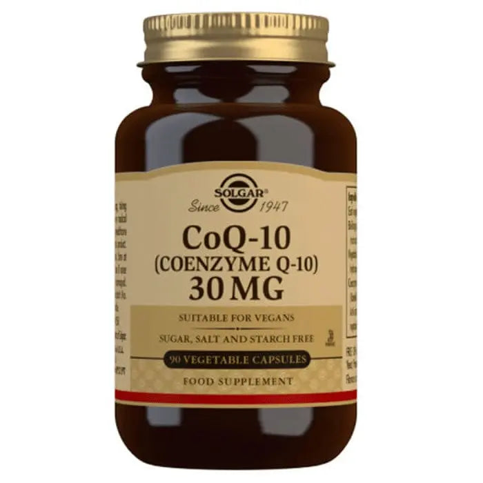 Solgar Coenzyme Q-10 30mg supplement in 90 capsules, displayed in a clear bottle with a white label.