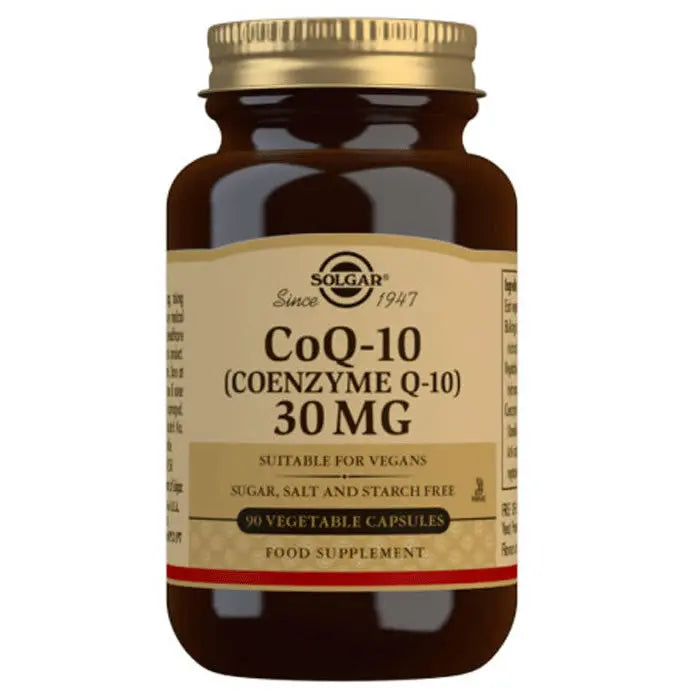 Solgar Coenzyme Q-10 30mg capsules in a bottle, displayed on a white background, highlighting the supplement's packaging.