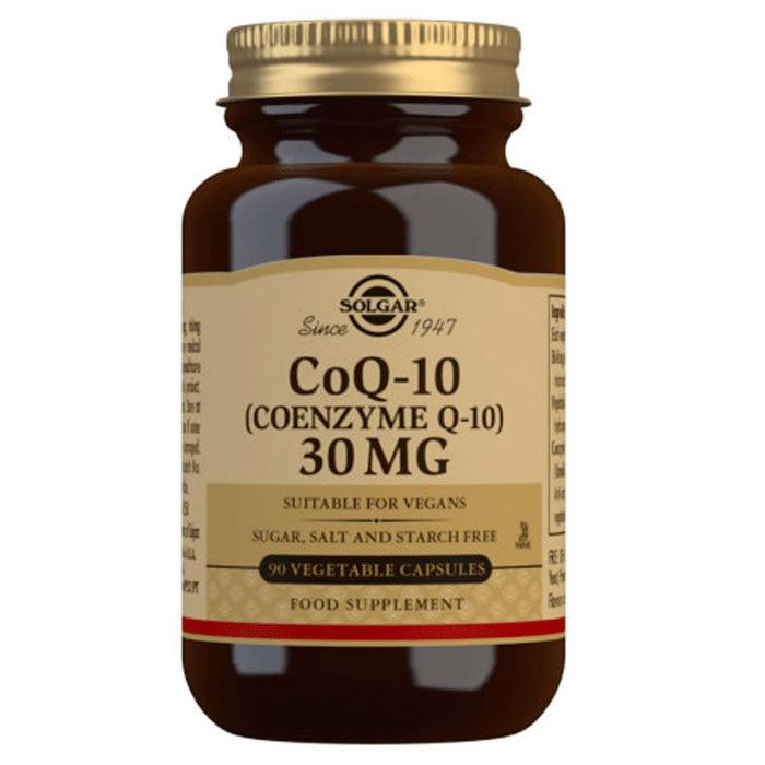 Solgar Coenzyme Q-10 30mg capsules, dietary supplement in a blister pack, with the brand name Jag Couture London New York visible.