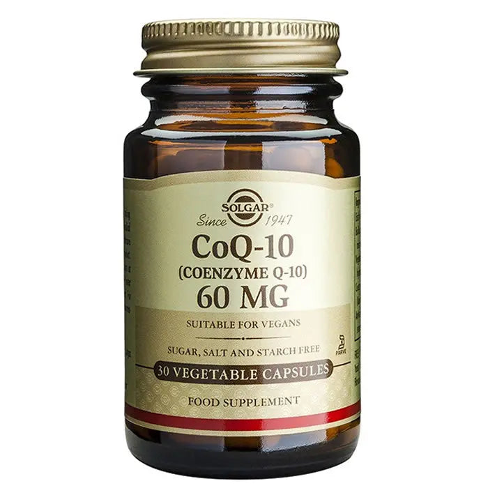 Solgar Coenzyme Q-10 60mg supplement capsules, 30-count, in a bottle with label showing the product name and dosage.