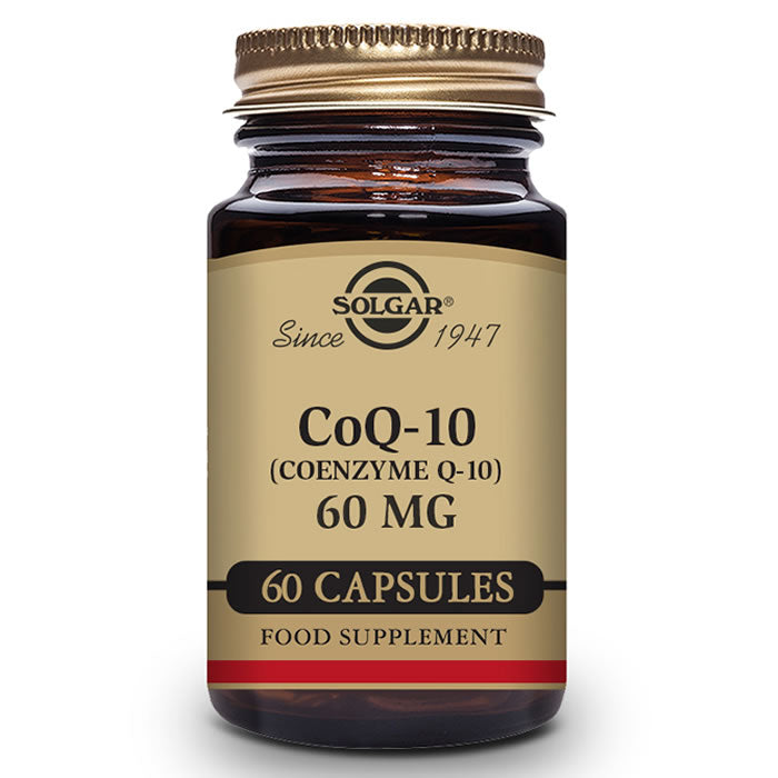 Jag Couture London - New York Solgar Coenzyme Q-10 60mg capsules in a bottle, supplement for energy and antioxidant support.