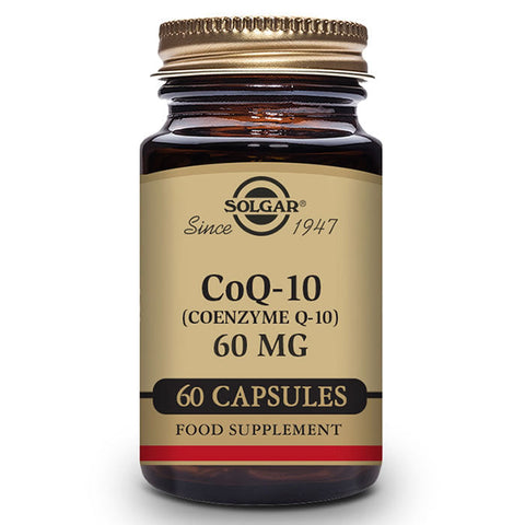 Jag Couture London - New York Solgar Coenzyme Q-10 60mg capsules in a bottle, supplement for energy and antioxidant support.