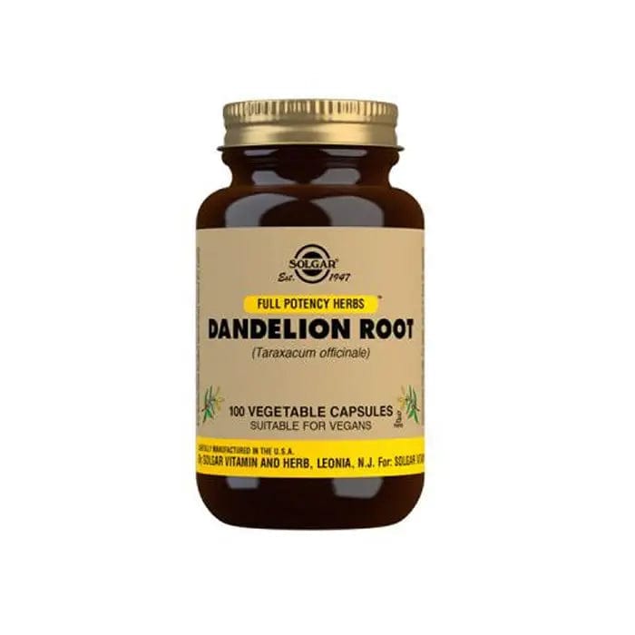 Solgar Dandelion 100 capsules in a bottle, natural herbal supplement for detox and digestion, by Jag Couture London New York.