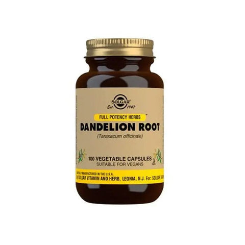 Solgar Dandelion 100 capsules in a bottle, natural herbal supplement for detox and digestion, by Jag Couture London New York.