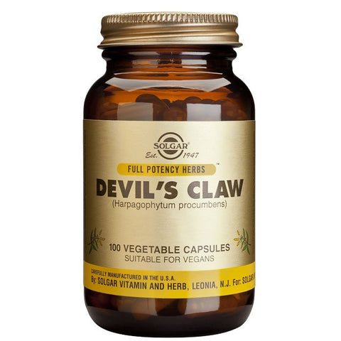 Solgar Devil's Claw 100 capsules bottle, dietary supplement with herbal extract for joint and muscle support.