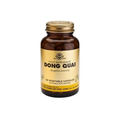 Solgar Dong Quai supplement in a bottle of 100 capsules, natural herbal remedy by Jag Couture London New York.