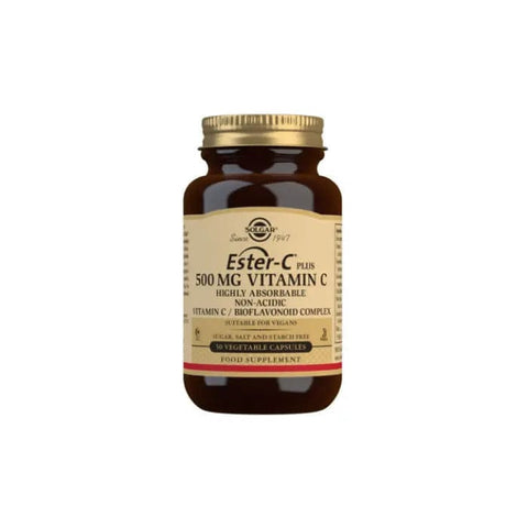 Solgar Ester-C Plus 500 mg Vitamin C vegetable capsules in a pack of 50, displayed in a clear container.