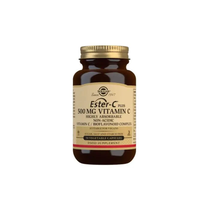 Solgar Ester-C Plus 500 mg Vitamin C vegetable capsules in a pack of 50, with orange capsules and clear label.