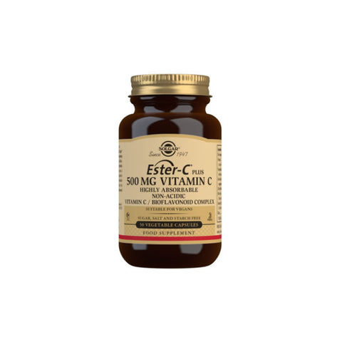 Solgar Ester-C Plus 500 mg vitamin C vegetable capsules in a pack of 50, featuring orange capsules in a blister pack.