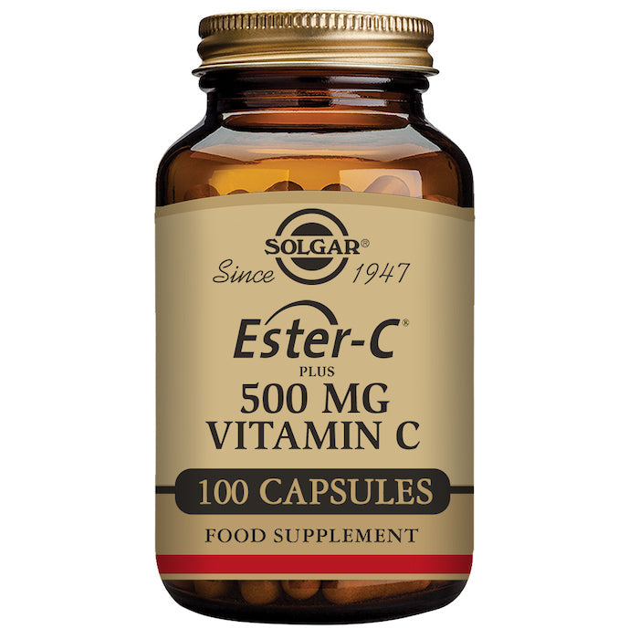 Solgar Ester-C Plus 500mg vitamin C capsules in a bottle, featuring 100 capsules for immune support and daily wellness.